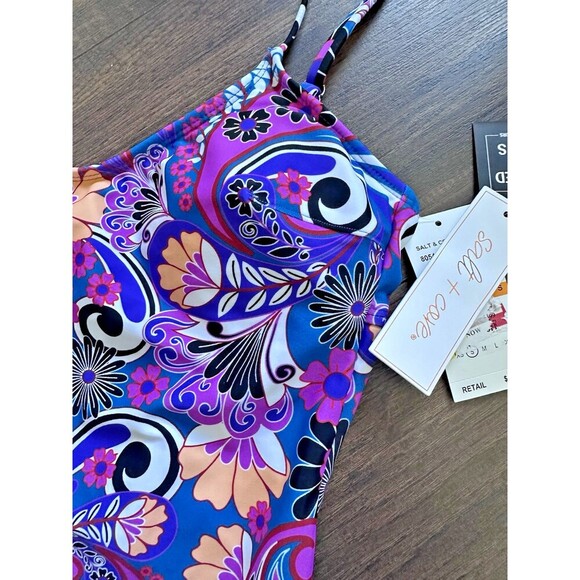 Salt + Cove Women's Floral-Print Tie closure at back One-Piece Swimsuit Purple S - Picture 5 of 10